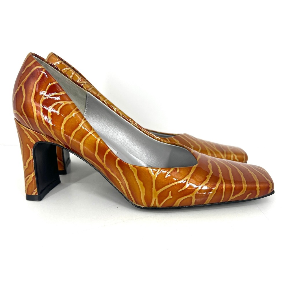 Vtg Bellini Margie Womens 7M Orange Tan Abstract Square Toe Block Heel Pumps 80s